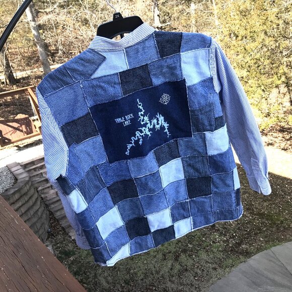 Patchwork Jean Jacket, Men's Size XXL: Upcycled Table Rock Lake Denim Shirt - Picture 7 of 13